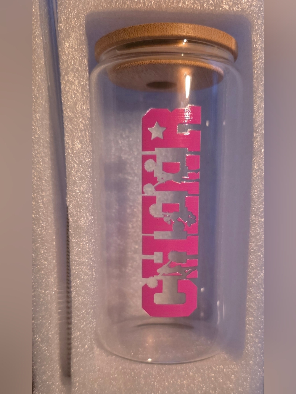 Clear Glass Water Bottle with Pink 'CHEER' Graphic and Wood Lid